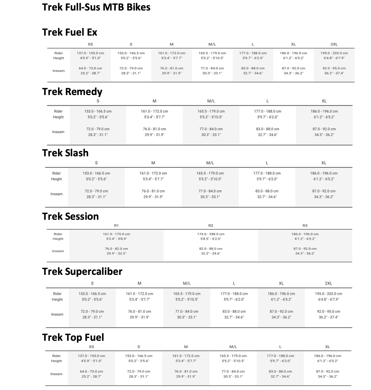 trek remedy 8 size chart